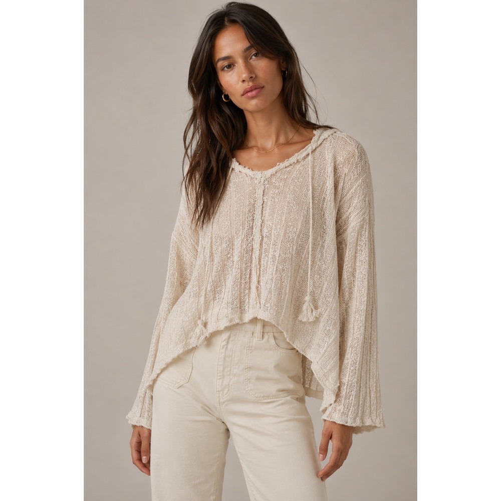 En‎ Creme Cream Textured Knit Hooded Top Bohemian Tassel Drawstring Small